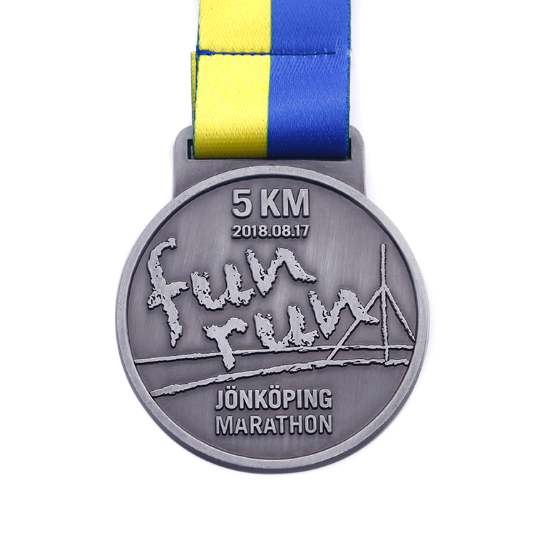 Round Metal Silver 5K Fun Run Medal for Sports