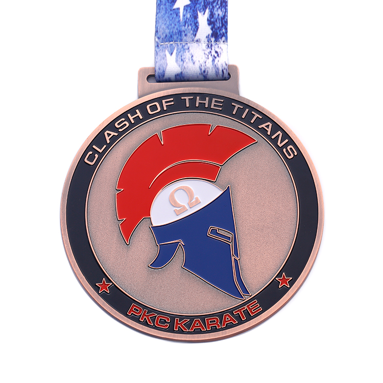 Round Copper Alloy PKC Karate Medal with Colorful Ribbon